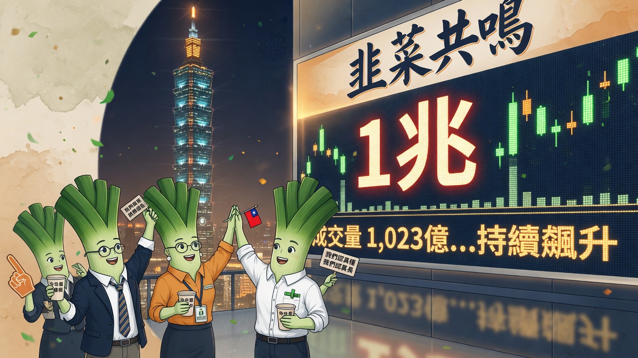 今日韭菜共鳴：台股量能一兆的精緻插畫